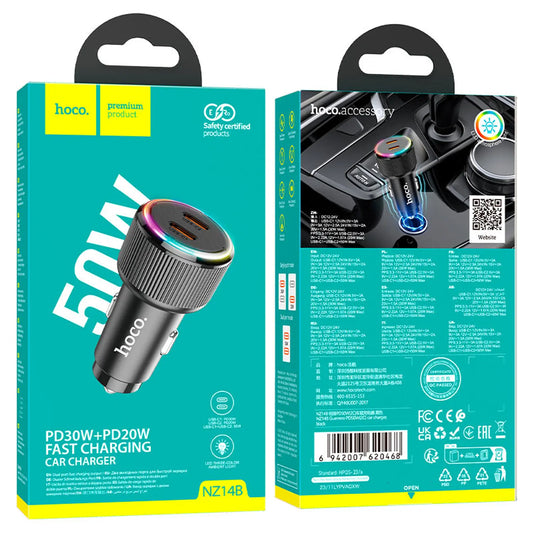 Cargador de Auto Hoco NZ14B Guerrero 50W Dual USB-C + Cable (PD/PPS)