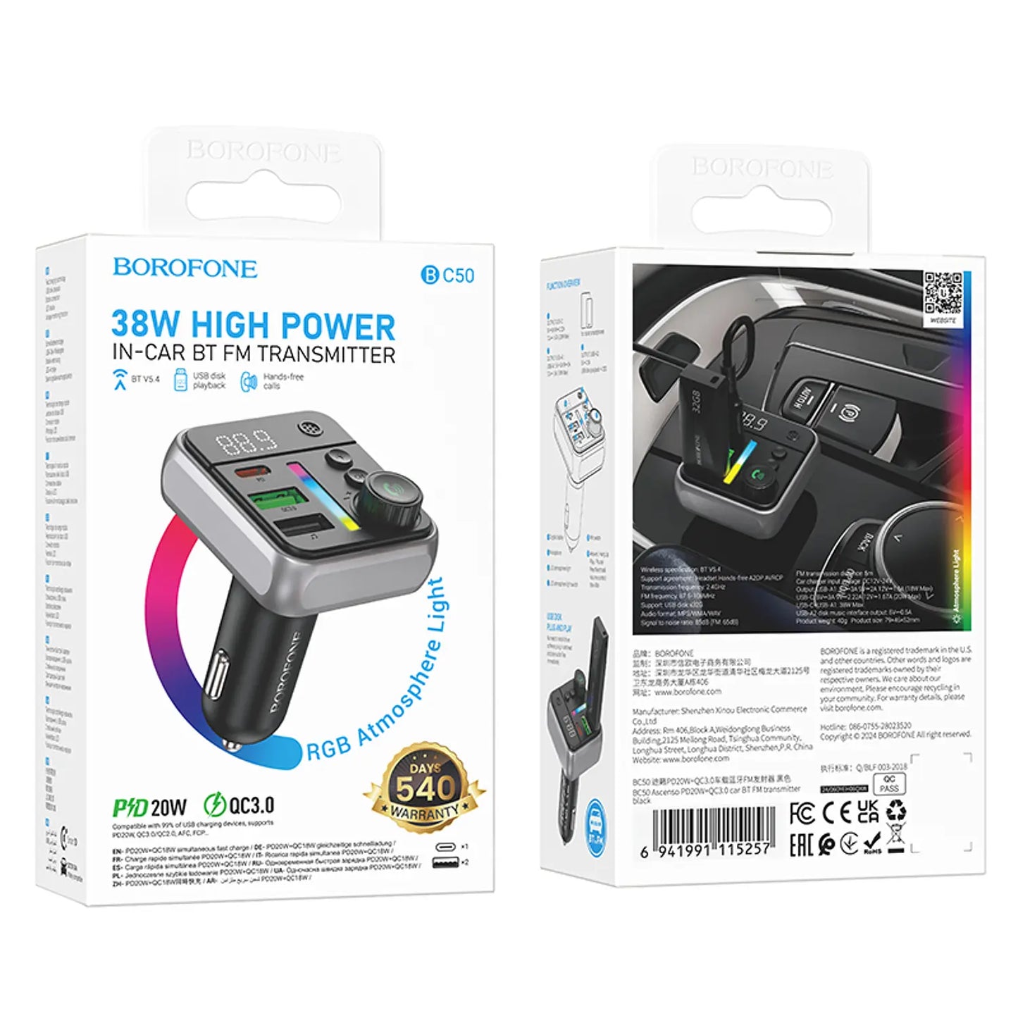 Transmisor FM Borofone BC50 PD20W + QC3.0