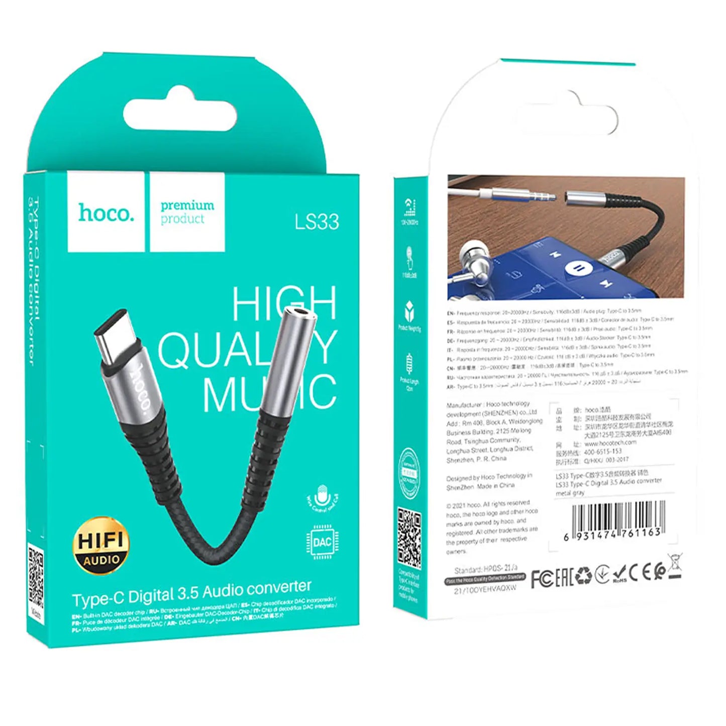 Adaptador Hoco LS33 Tipo-C a Jack 3.5 mm (Audio Digital)