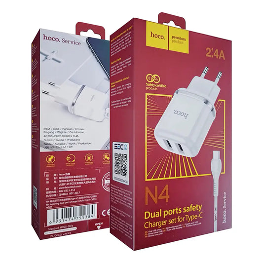 Cargador de Pared Hoco N4 Aspiring 2.4A Doble Puerto USB + Cable 3 en 1 (Blanco)