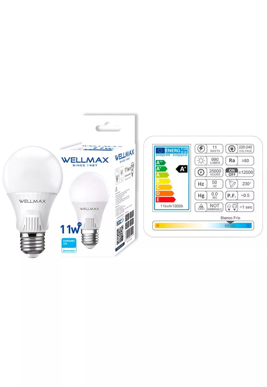 Ampolleta LED Wellmax 11W A60 E27 (1050 lm, Luz Fría, LED Samsung)