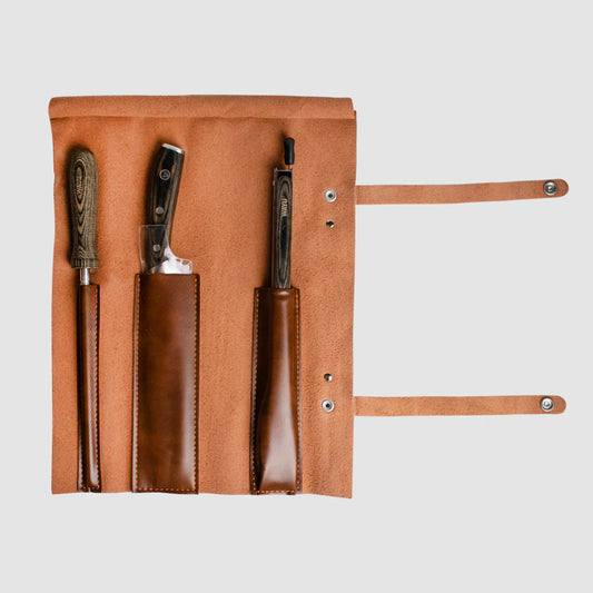 Set Parrillero en Estuche de Cuero PU con Cuchillo, Tenedor y Espátula - Wayu