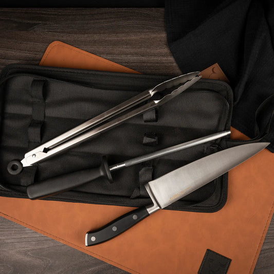 Set Parrillero 3 Piezas de Acero Inoxidable (Cuchillo, Pinza y Afilador) - Wayu