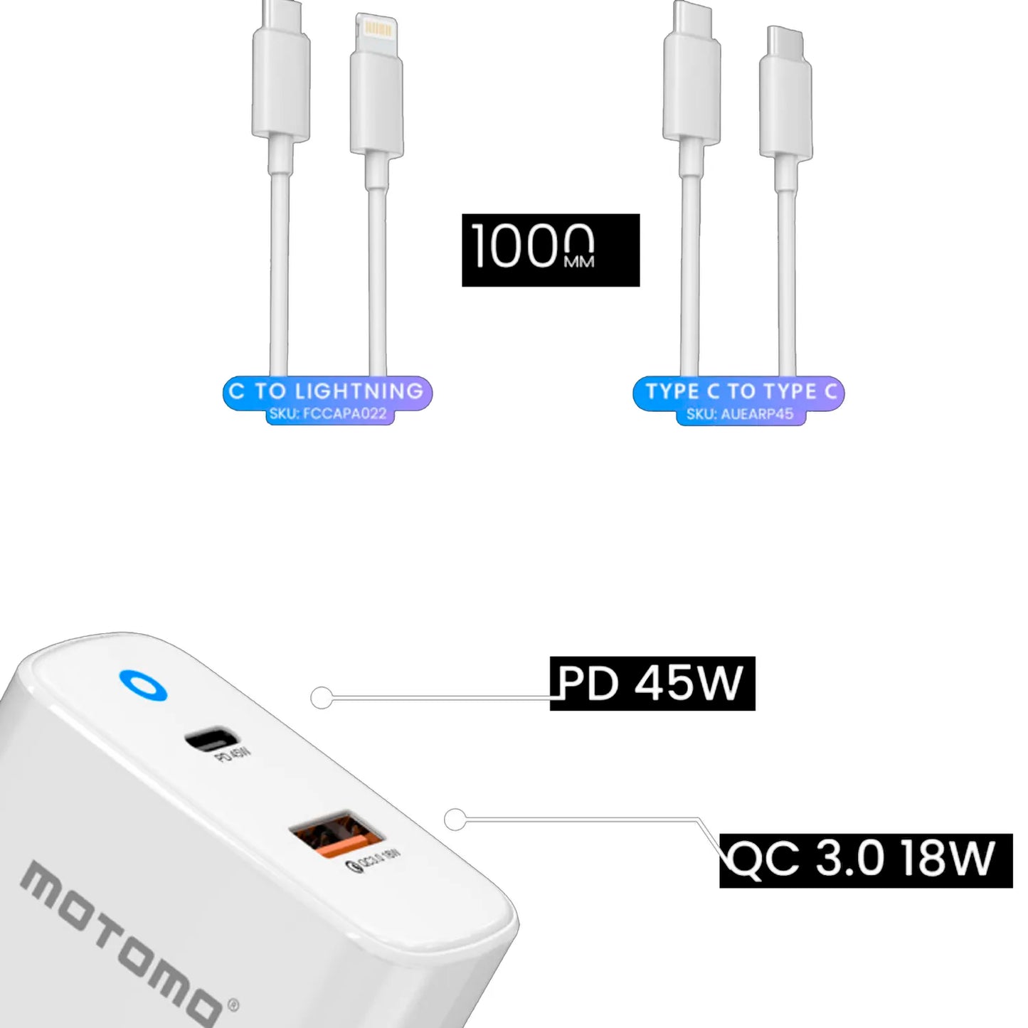 Cargador de Pared Motomo CR45 45W PD USB-C + USB-A + Cable USB-C (SEC)