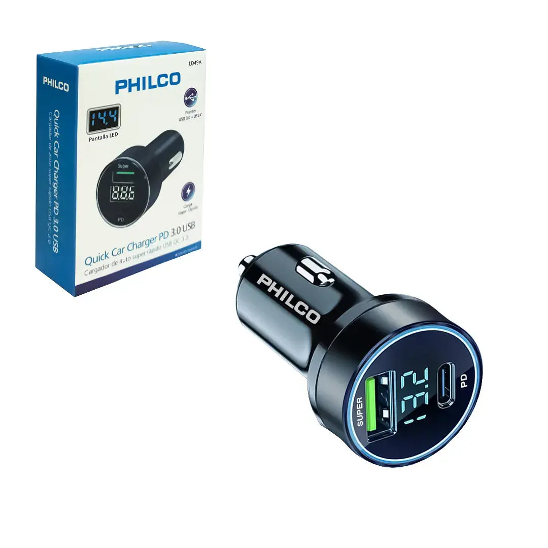 Cargador de Auto Philco LD49A USB 3.0 + USB-C con Pantalla LED (30W)