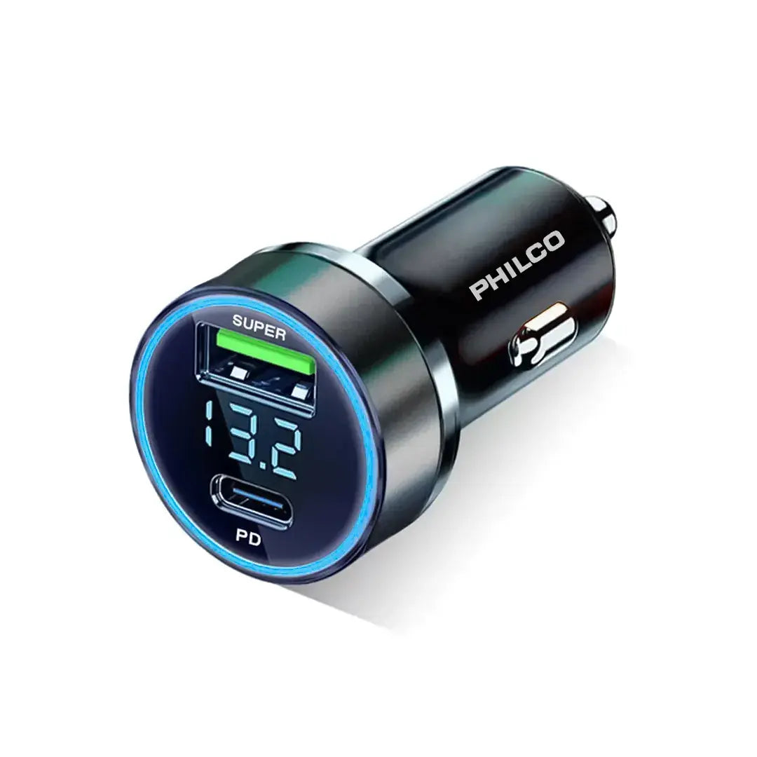 Cargador de Auto Philco LD49A USB 3.0 + USB-C con Pantalla LED (30W)