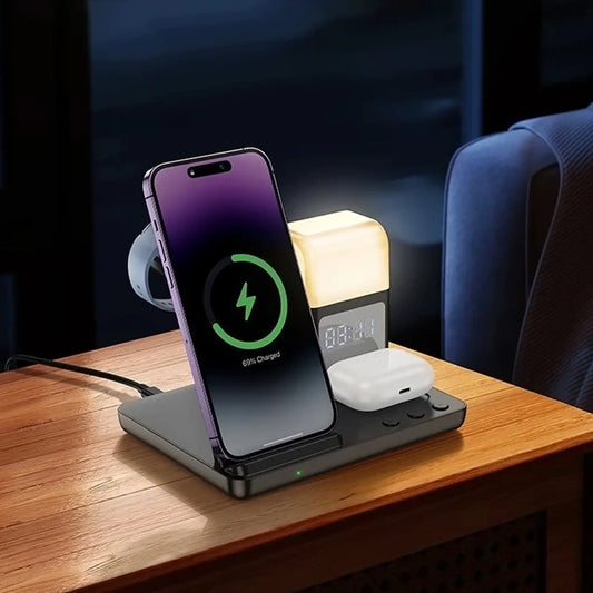 Cargador Inalámbrico Hoco CQ9 Crown 3 en 1 con Reloj y Luz Nocturna (Negro)