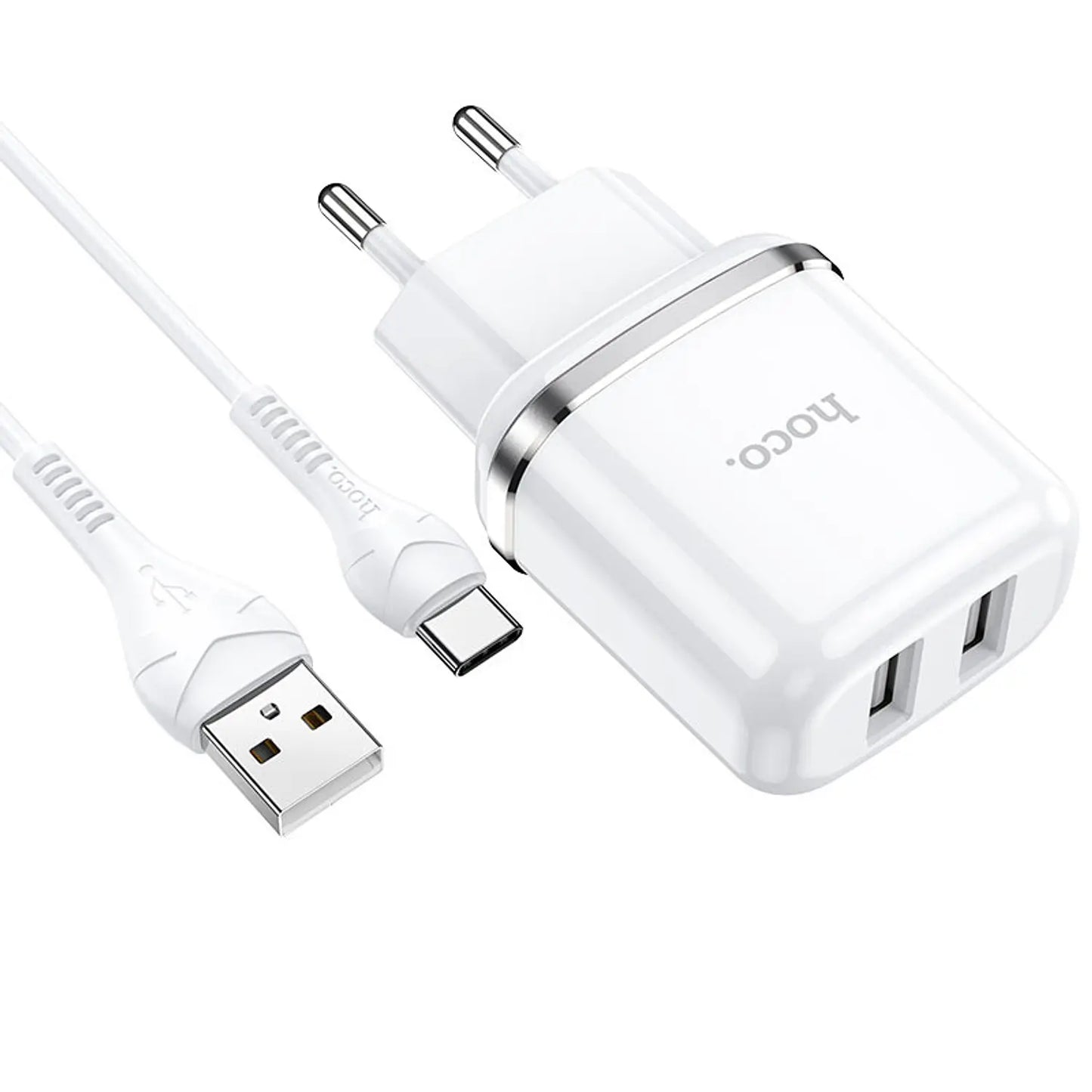 Cargador de Pared Hoco N4 Aspiring 2.4A Doble Puerto USB + Cable 3 en 1 (Blanco)