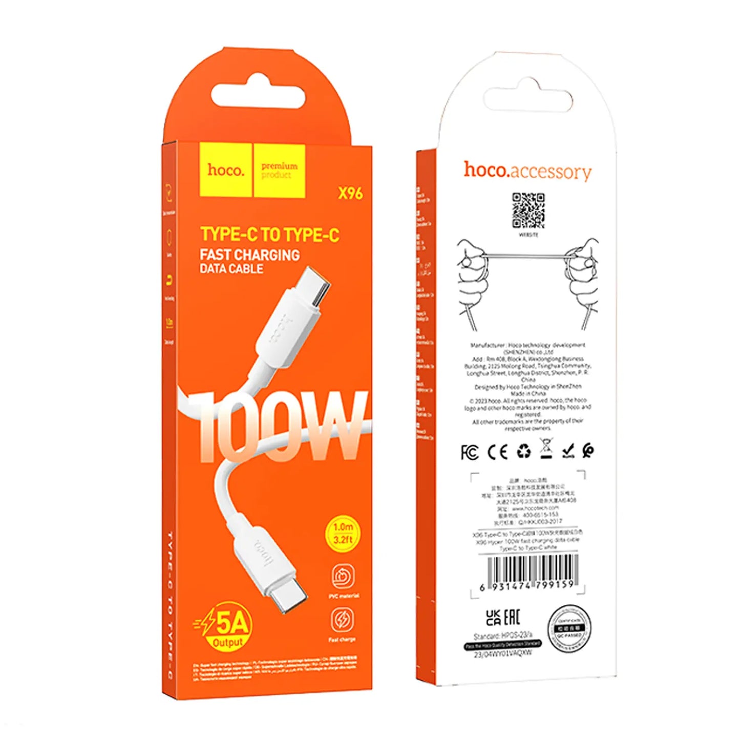 Cable Hoco X96 Hyper USB-C a USB-C 100W (1 m, Blanco)