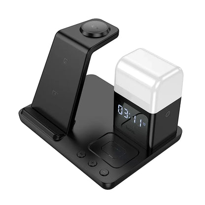 Cargador Inalámbrico Hoco CQ9 Crown 3 en 1 con Reloj y Luz Nocturna (Negro)