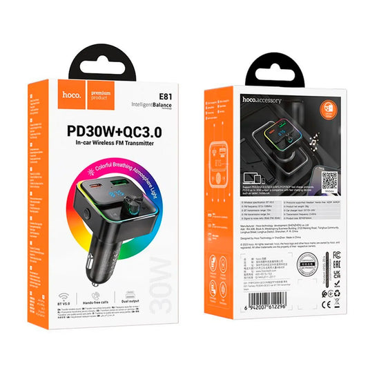 Transmisor FM Hoco E81 Fantasy Inalámbrico con Carga PD30W + QC3.0 (Negro)
