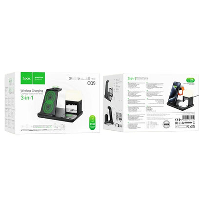 Cargador Inalámbrico Hoco CQ9 Crown 3 en 1 con Reloj y Luz Nocturna (Negro)