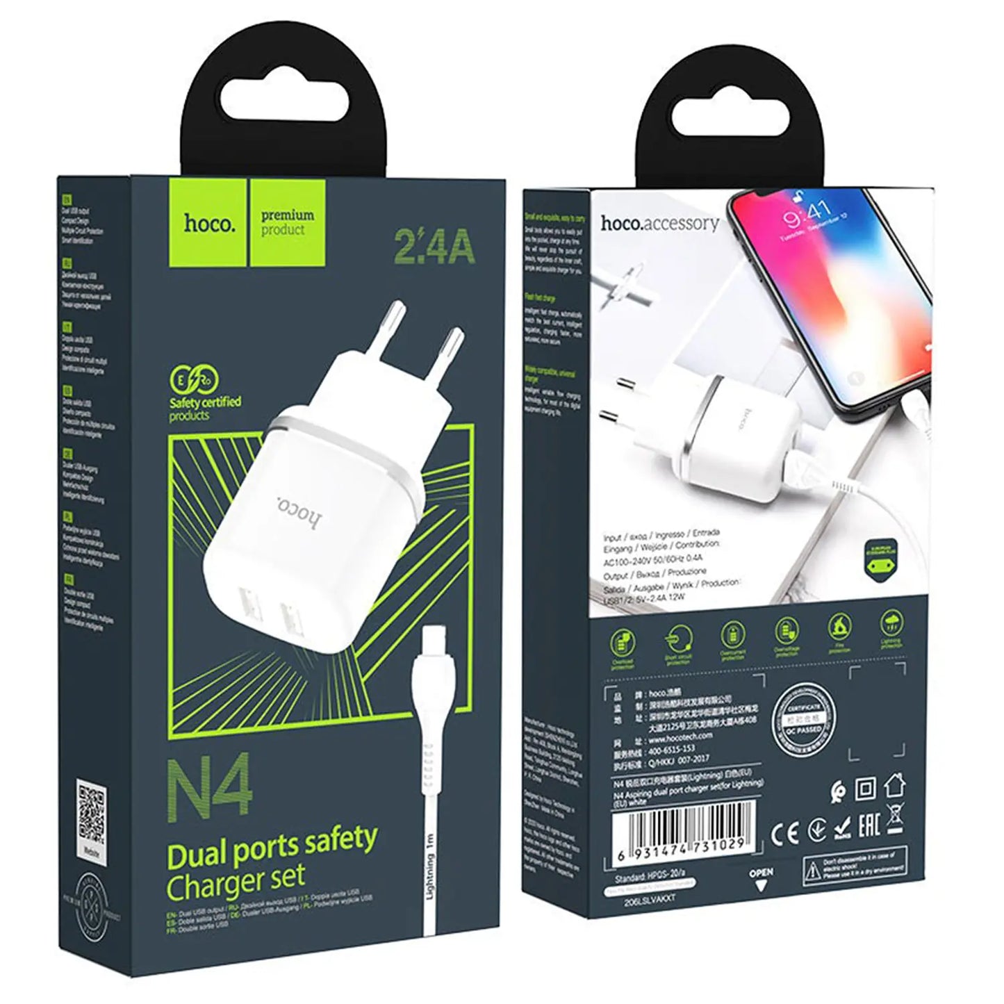 Cargador de Pared Hoco N4 2.4A Doble USB + Cable Lightning 1 m (Blanco)