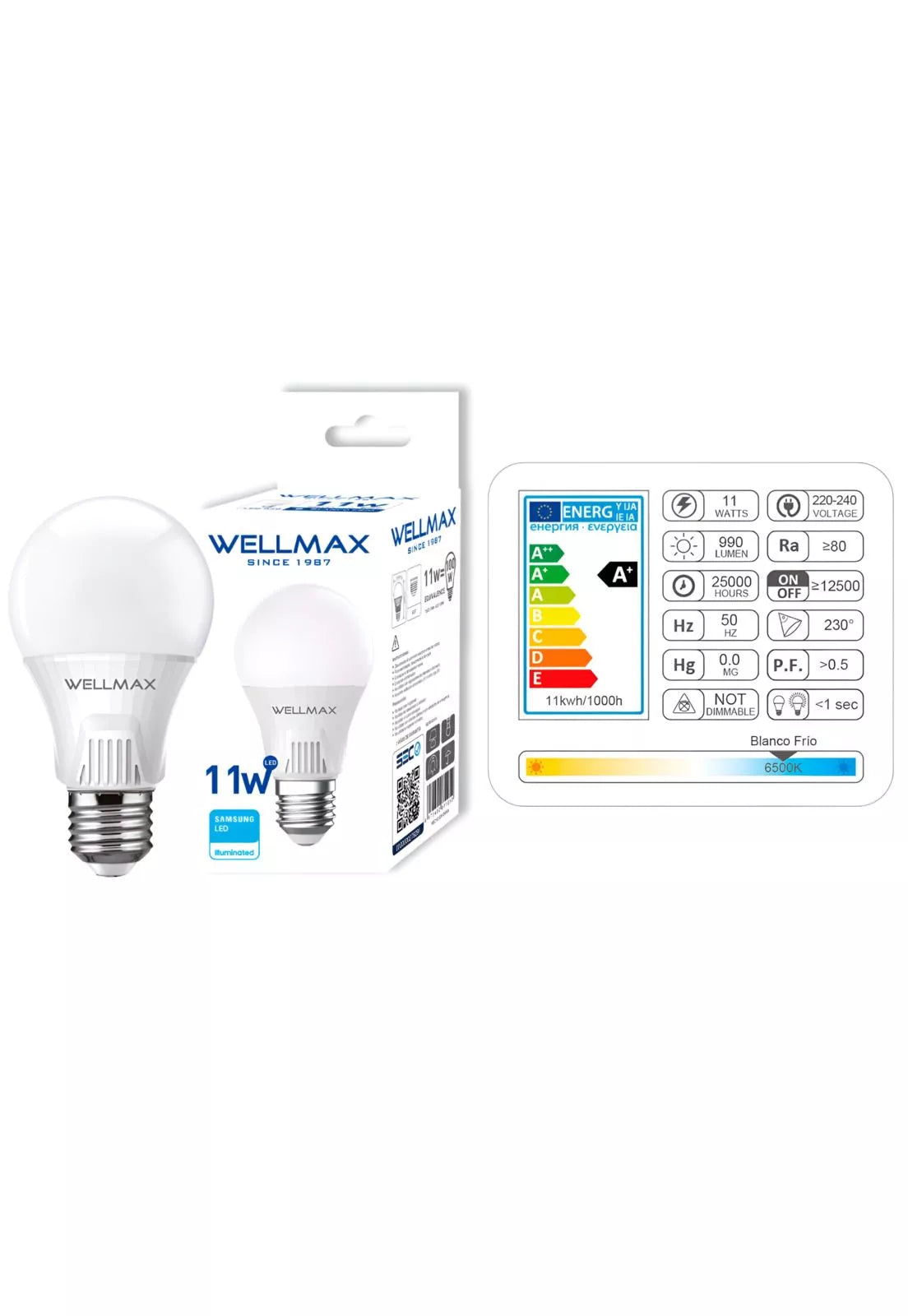 Ampolleta LED Wellmax 11W A60 E27 (1050 lm, Luz Fría, LED Samsung)