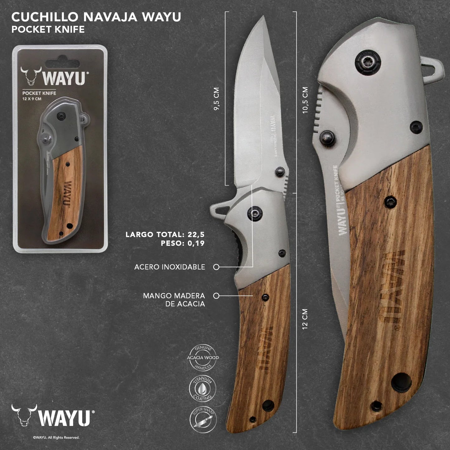 Cuchillo Navaja Plegable de Acero Inoxidable con Mango de Madera - Wayu