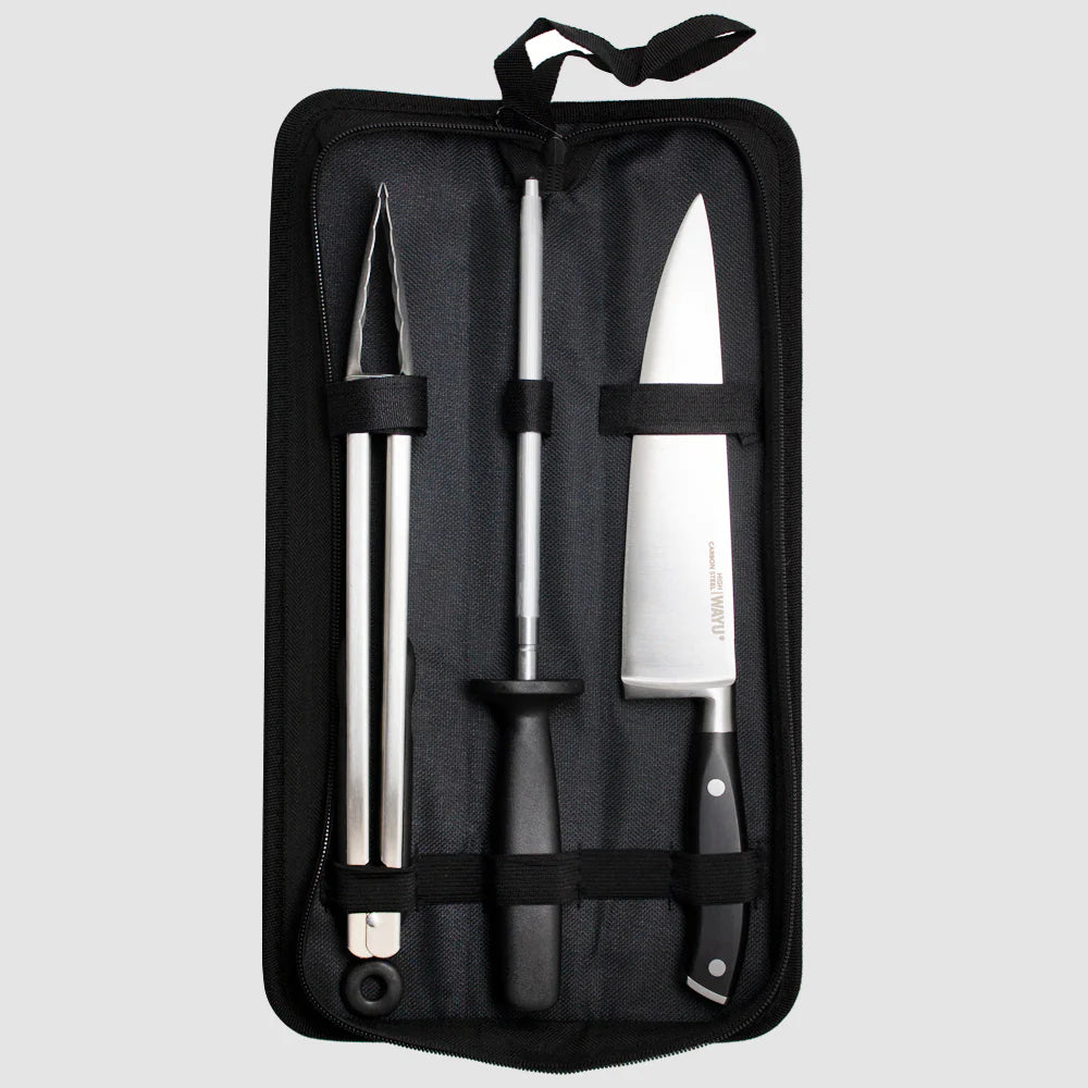 Set Parrillero 3 Piezas de Acero Inoxidable (Cuchillo, Pinza y Afilador) - Wayu