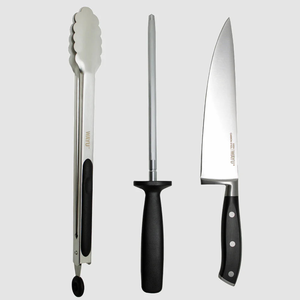 Set Parrillero 3 Piezas de Acero Inoxidable (Cuchillo, Pinza y Afilador) - Wayu