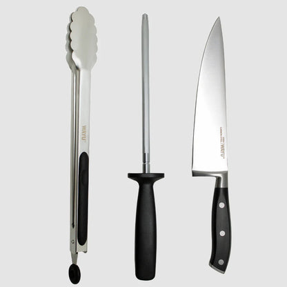Set Parrillero 3 Piezas de Acero Inoxidable (Cuchillo, Pinza y Afilador) - Wayu