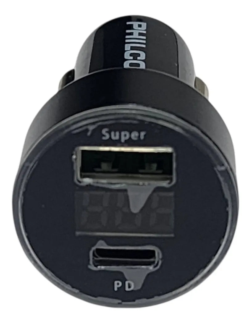 Cargador de Auto Philco LD49A USB 3.0 + USB-C con Pantalla LED (30W)