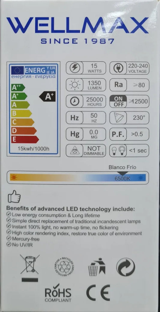Ampolleta LED 15W E27 Alta Potencia (Blanco Frío)