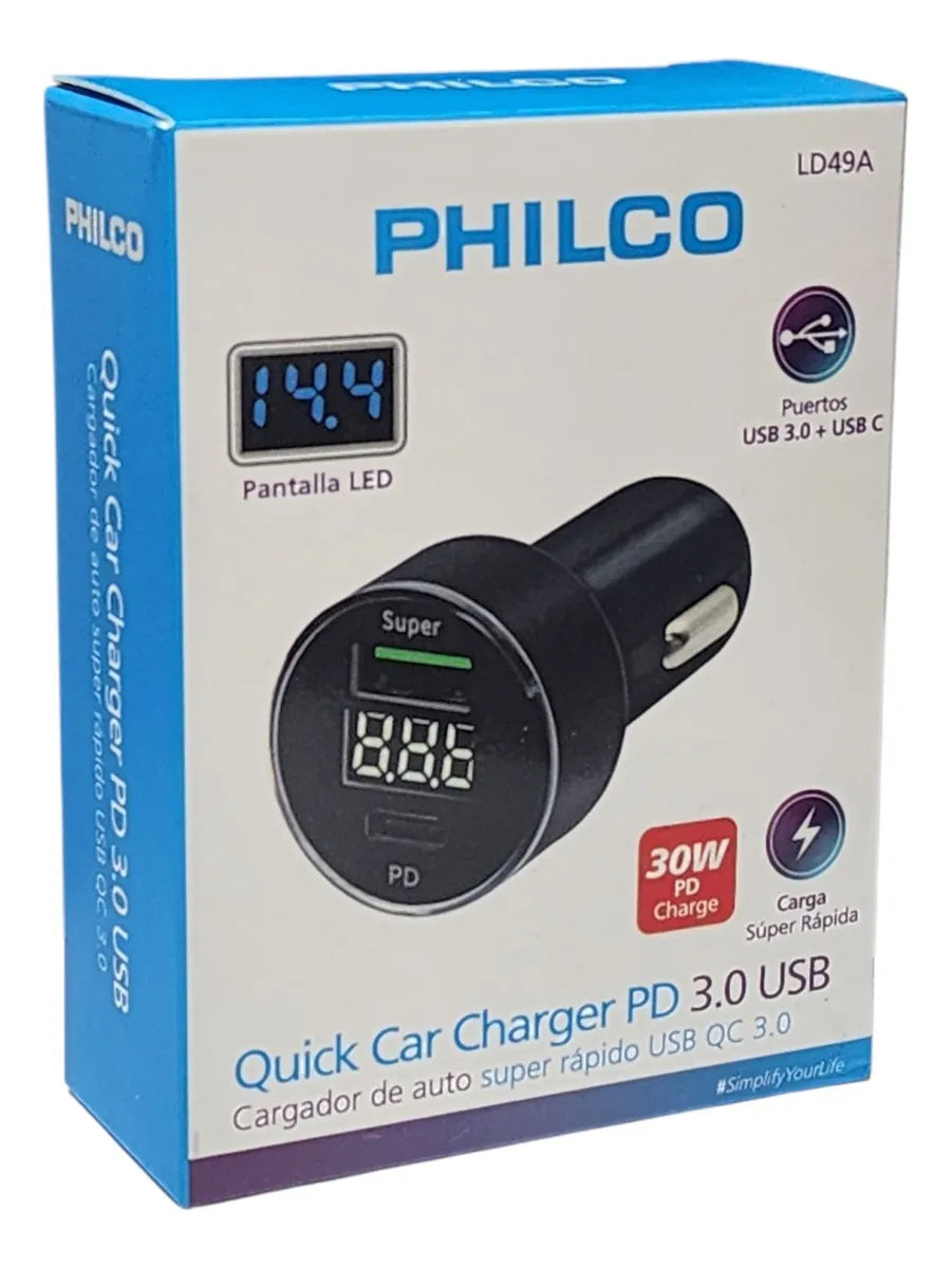 Cargador de Auto Philco LD49A USB 3.0 + USB-C con Pantalla LED (30W)