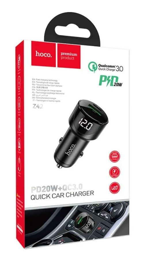 Cargador de Auto Hoco Z42 Dual Port 20W/18W con Pantalla LED
