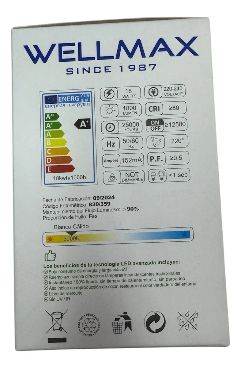 Ampolleta LED Hammer Wellmax 18W Alta Potencia (Luz Cálida)