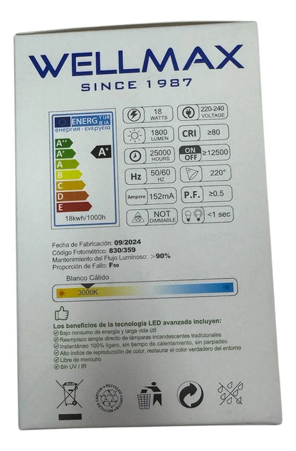 Ampolleta LED Hammer Wellmax 18W Alta Potencia (Luz Cálida)