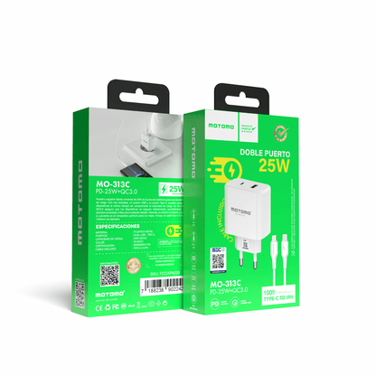 Cargador de Pared Motomo MO-313C 25W USB + USB-C + Cable USB-C a Lightning (1 m)