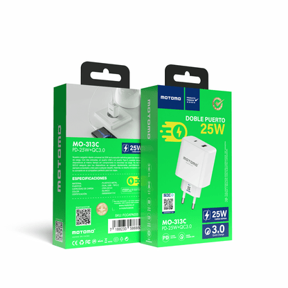 Cargador de Pared Motomo MO-313C 25W Dual USB + USB-C (Sin Cable)