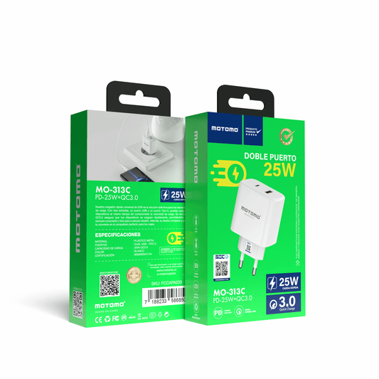 Cargador de Pared Motomo MO-313C 25W Dual USB + USB-C (Sin Cable)