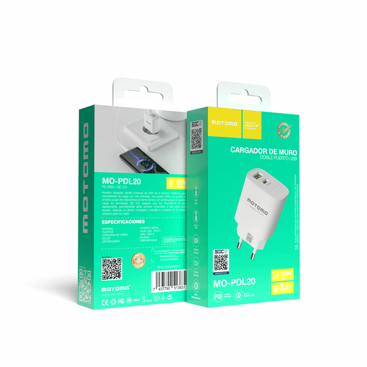 Cargador de Pared Motomo PD-L20 Dual 20W USB + USB-C (Sin Cable)