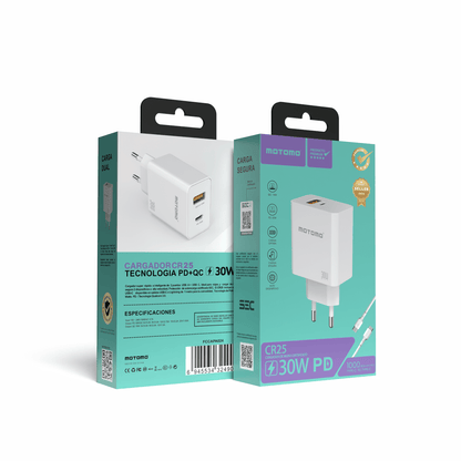 Cargador de Pared Motomo CR25Q 30W USB-C + Dual USB-A + Cable USB-C (SEC)