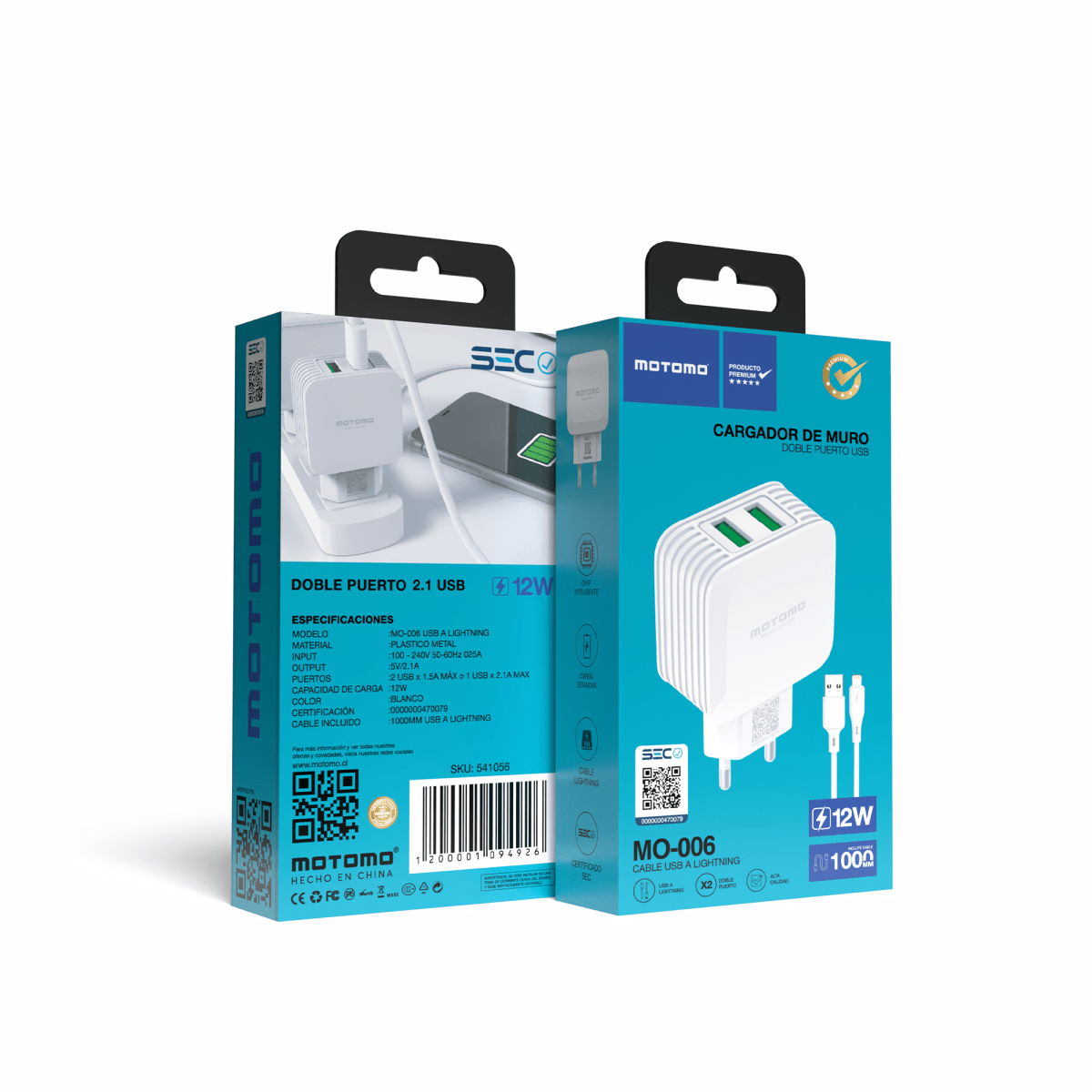 Cargador de Pared Motomo MO-006 Dual USB 12W + Cable Lightning (SEC)