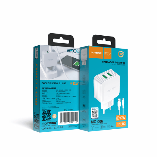 Cargador de Pared Motomo MO-006 Dual USB 12W + Cable Micro USB (SEC)