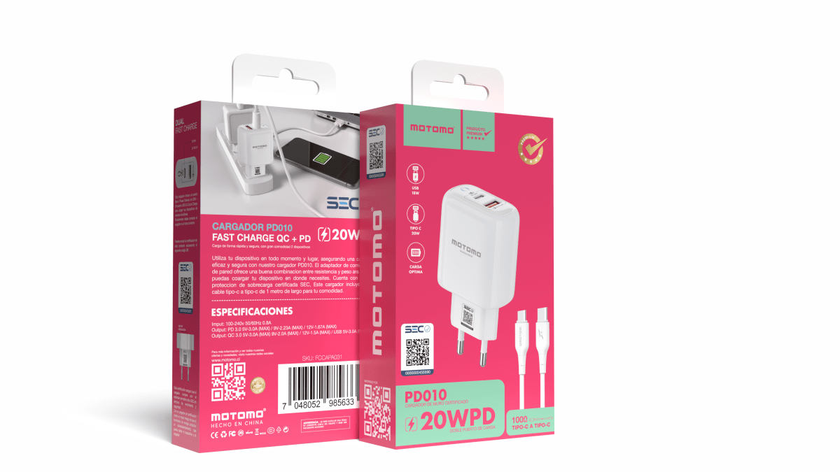 Cargador de Pared Motomo PD010 20W Dual USB-C (Power Delivery)