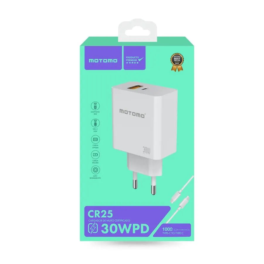 Cargador de Pared Motomo CR25Q 30W USB-C + Dual USB-A + Cable USB-C (SEC)