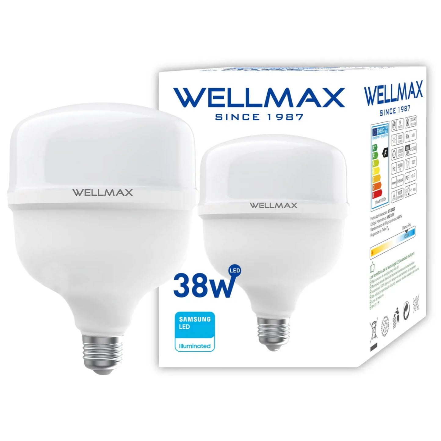 Ampolleta LED Wellmax 38W High Power T115 (3600 lm, E27, Luz Fría)