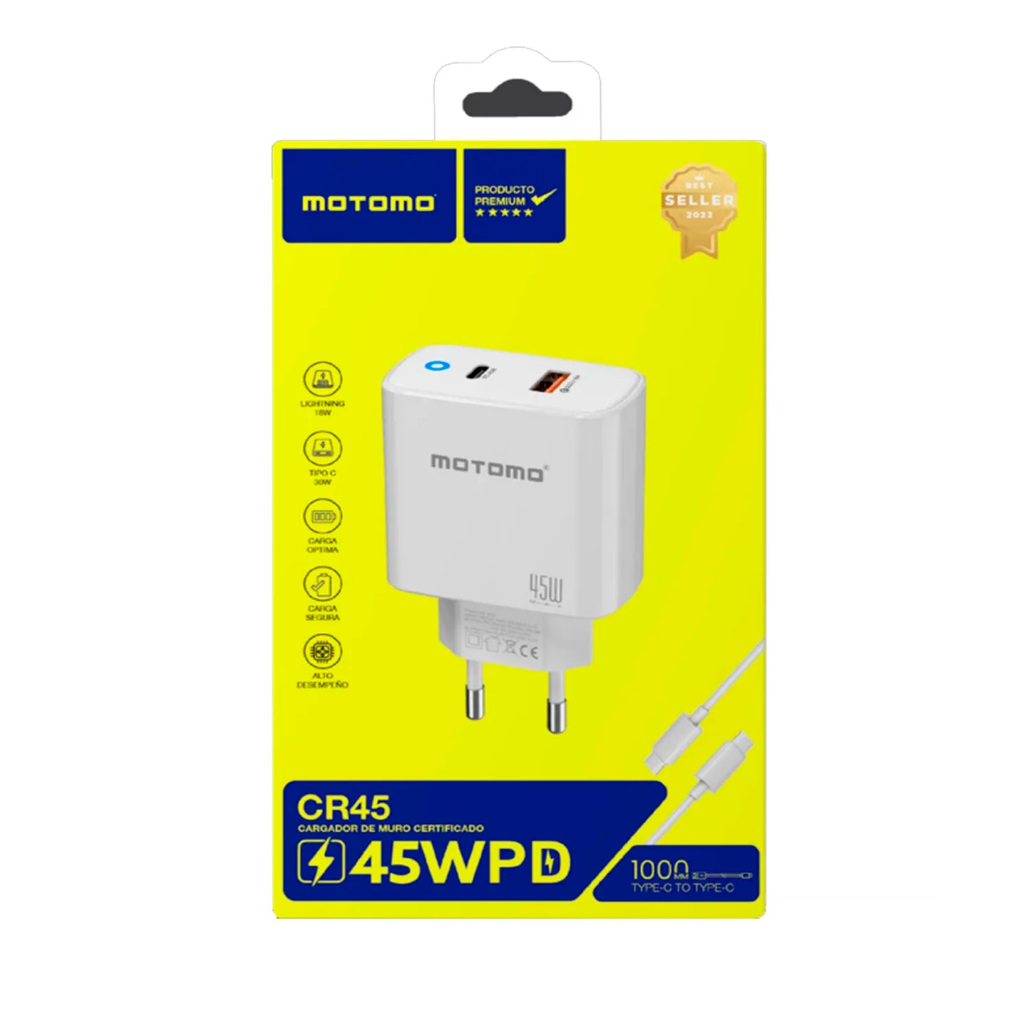 Cargador de Pared Motomo CR45 45W PD USB-C + USB-A + Cable USB-C (SEC)